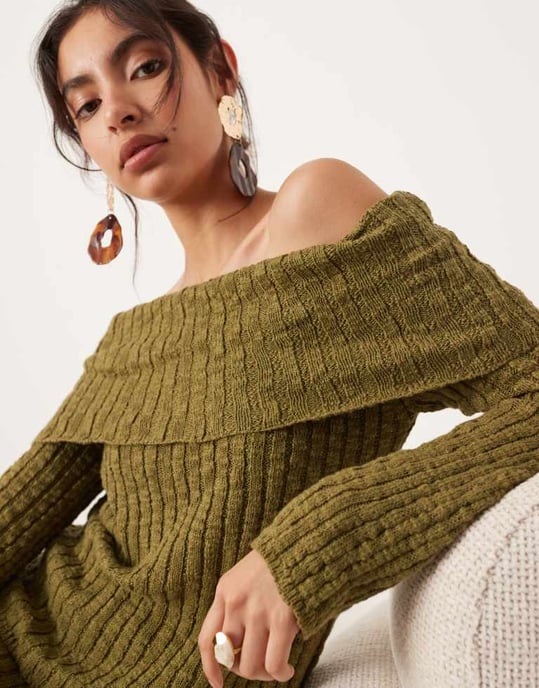 ASOS EDITION knitted bardot layered long sleeve top co-ord in green - Image 4