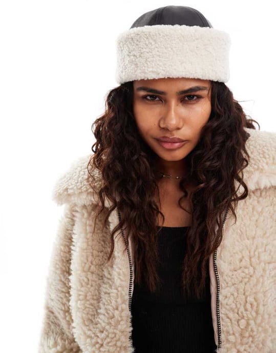 Weekday faux leather hat with borg trim in black - Image 3
