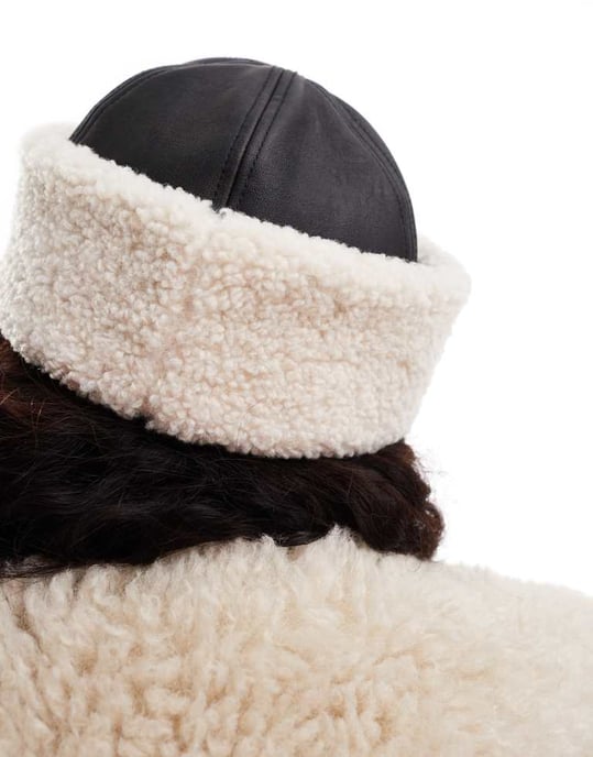 Weekday faux leather hat with borg trim in black - Image 4