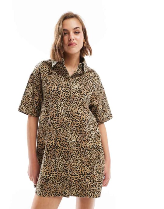 ASOS DESIGN denim short sleeve shirt dress in leopard print - Image 2