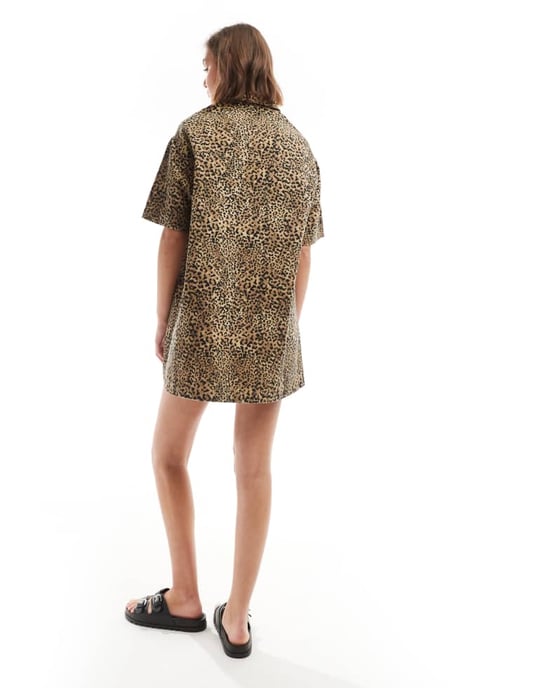 ASOS DESIGN denim short sleeve shirt dress in leopard print - Image 4