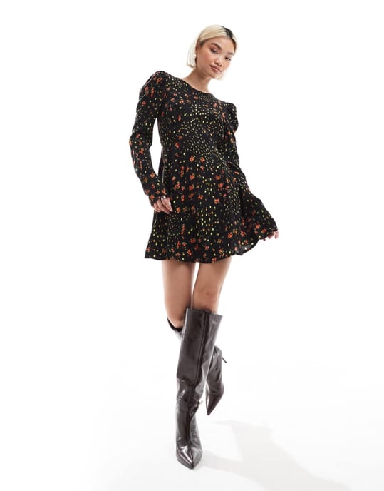 Miss Selfridge Ribbon detail tea dress in black floral print - Image 3