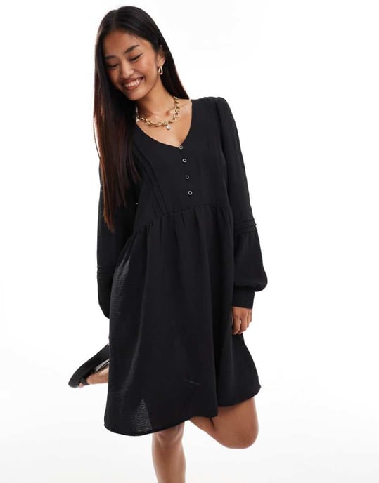 JDY pleated detail smock dress in black - Image 1