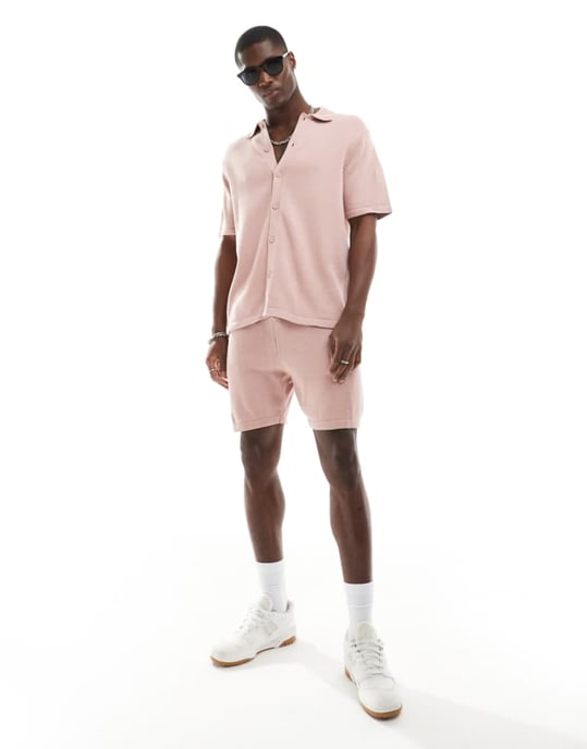 ASOS DESIGN medeltunga stickade bomullsshortsen koord i rosa - Image 1