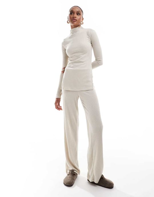 Vero Moda Tall ribbjersey lång topp set i sten - Image 2
