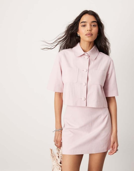 ASOS DESIGN kortärmad crop blazer i linne i rosa koord - Image 3
