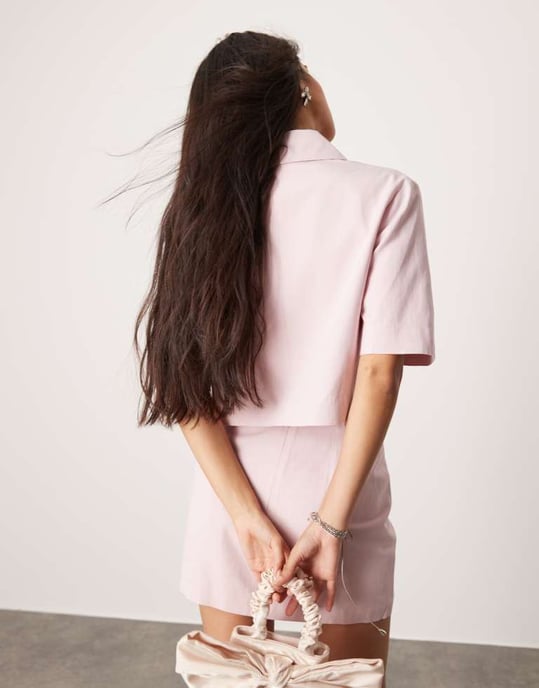ASOS DESIGN kortärmad crop blazer i linne i rosa koord - Image 4
