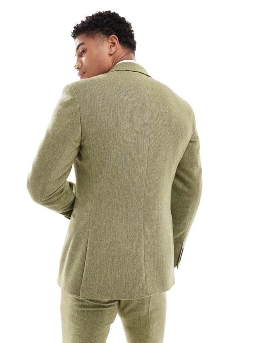 ASOS DESIGN smal ullblandning kostymjacka i olivgrön korgvävstextur - Image 2