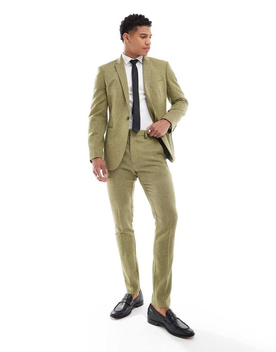 ASOS DESIGN smal ullblandning kostymjacka i olivgrön korgvävstextur - Image 3