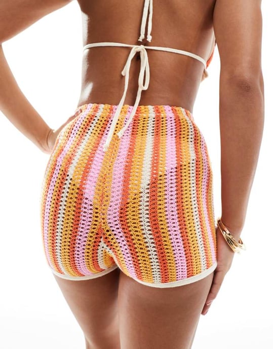 Missyempire virkad shorts-set i orange och rosa ränder - Image 3