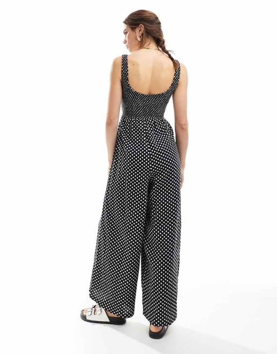 ASOS DESIGN scoop neck löst sittande jumpsuit i monokrom pricktryck - Image 3