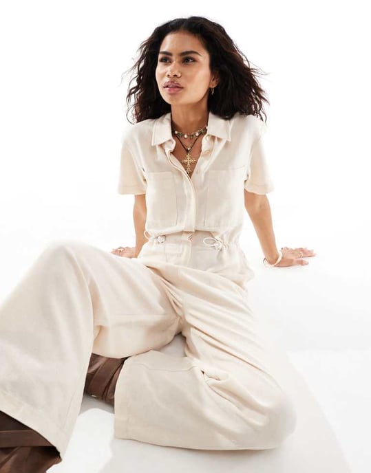 återvunnen vintage linjumpsuit med dragsko i neutral färg - Image 3