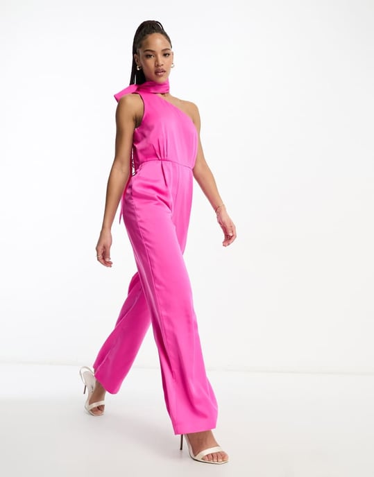 Forever New jumpsuit med knytkrage i rosa satin - Image 3