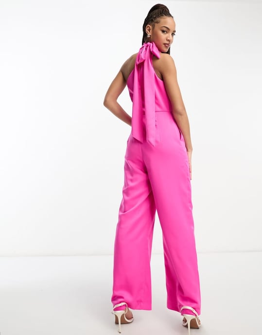 Forever New jumpsuit med knytkrage i rosa satin - Image 4