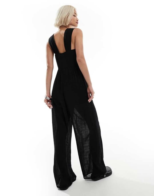Återvunnen vintage jumpsuit med bystdetalj i svart - Image 4
