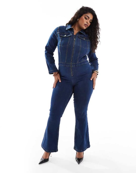ASOS DESIGN Curve långärmad stretch 70-tals jumpsuit i mörkblå - Image 4