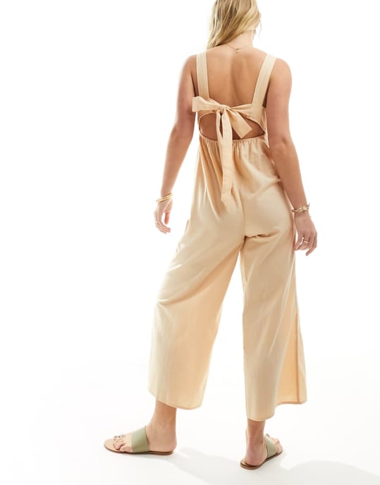 ASOS DESIGN linne knytbaks kort jumpsuit i sten - Image 4