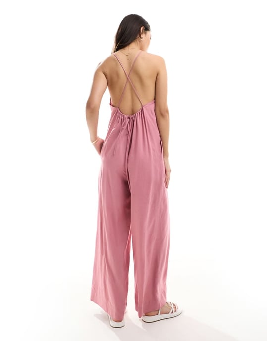 ASOS DESIGN racerhalsad Crosshatch linné jumpsuit i dammig rosa - Image 4