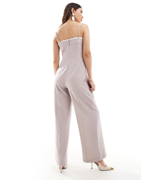 ASOS DESIGN kontrasterande panel vidbent jumpsuit i sten - Image 4