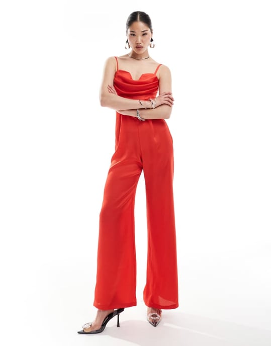 Jaded Rose satin korsett jumpsuit i röd - Image 1