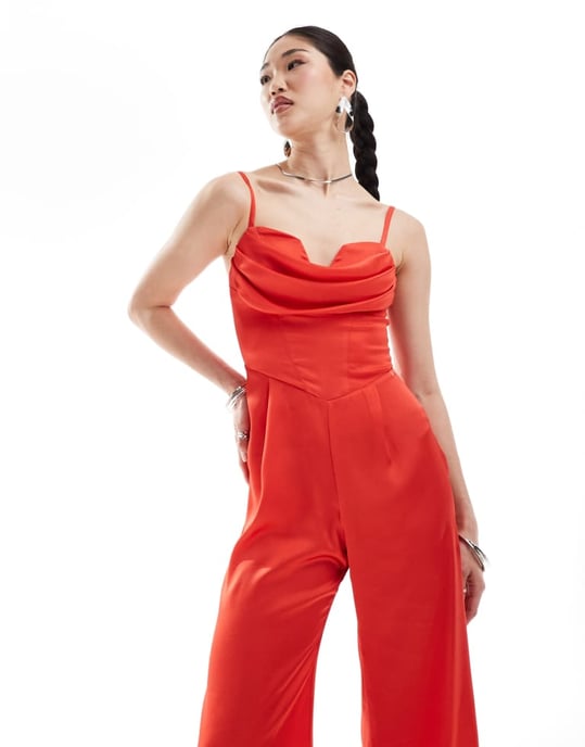 Jaded Rose satin korsett jumpsuit i röd - Image 2