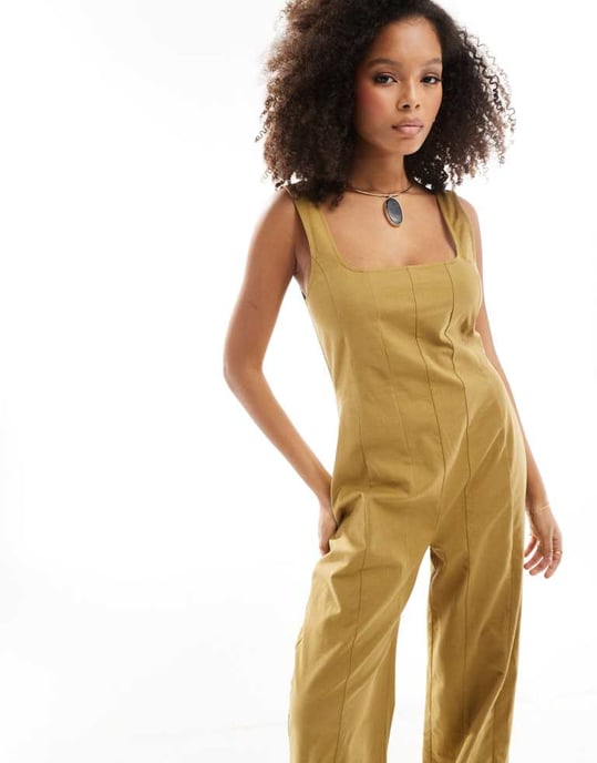 ASOS DESIGN fyrkantig hals tennis jumpsuit i khaki - Image 2