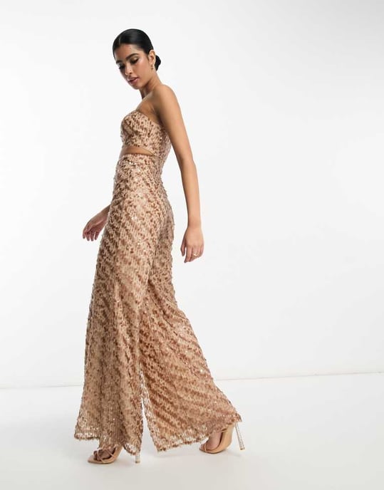 ASOS DESIGN 2 i 1 paljett jumpsuit i taupe - Image 2