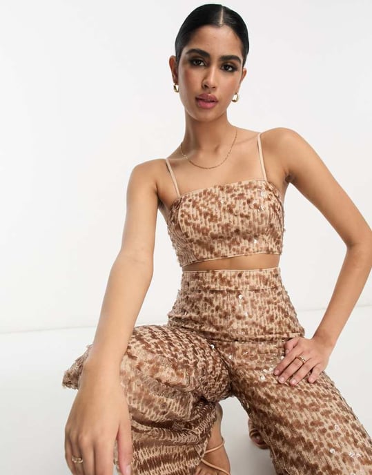 ASOS DESIGN 2 i 1 paljett jumpsuit i taupe - Image 3