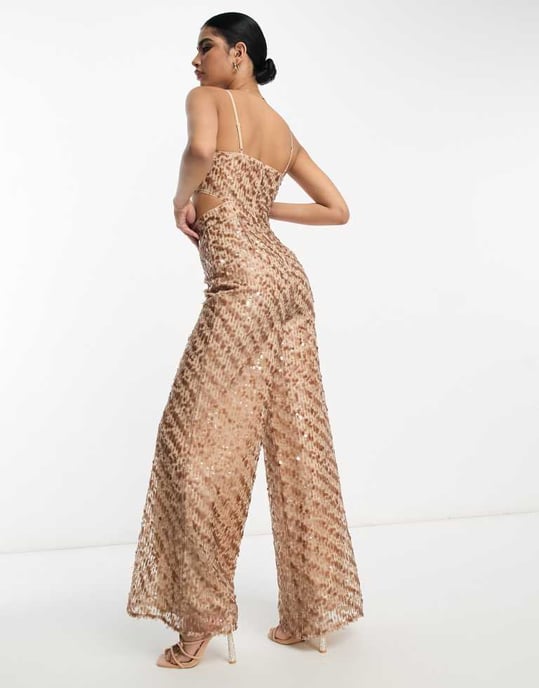 ASOS DESIGN 2 i 1 paljett jumpsuit i taupe - Image 4
