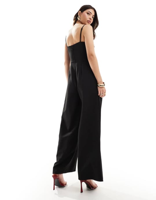 ASOS DESIGN kontrast bystdetalj med plisserat vida ben jumpsuit i svart - Image 4