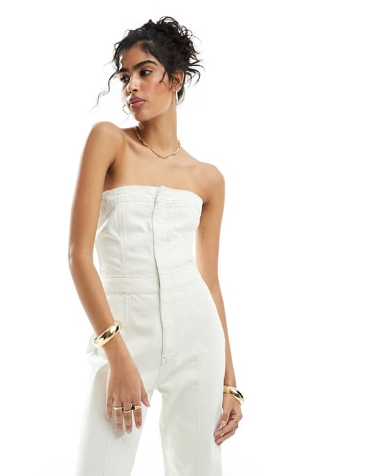 ASOS DESIGN strapless denim jumpsuit i off white - Image 1