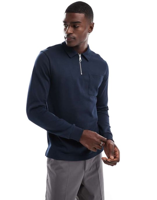 Farah Creston kvart zip polo sweatshirt i marinblå - Image 1