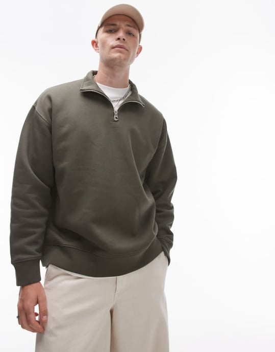 Topman premium tung oversized 1/4 zip sweatshirt i khaki - Image 1