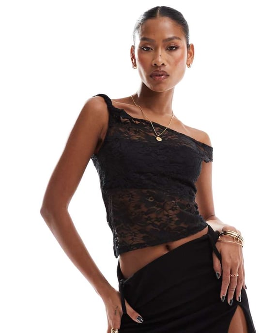 ASOS DESIGN twist off shoulder asymmetric top in black lace - Image 1