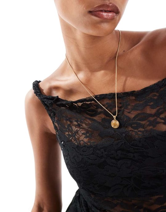 ASOS DESIGN twist off shoulder asymmetric top in black lace - Image 2
