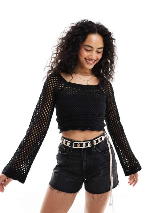 Miss Selfridge crochet square neck top in black - Image 1