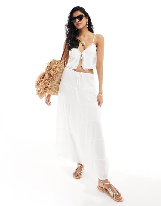 SNDYS cotton lace trim tie front cami top co-ord in white - Image 4