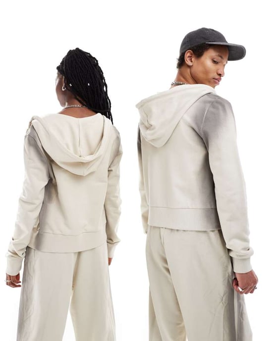 COLLUSION Unisex zip-through hoodie i ombre grå tvätt co-ord - Image 2