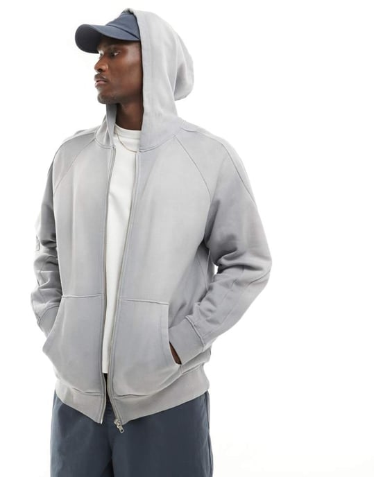 ASOS DESIGN unisex oversized zip hoodie i tvättad ljusblå - Image 4