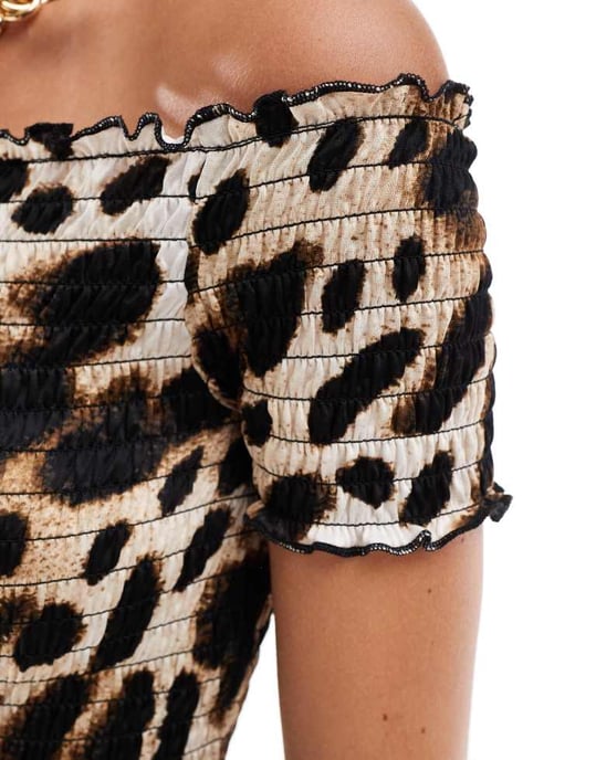 JDY rynkad off shoulder topp i leopardmönster - Image 4