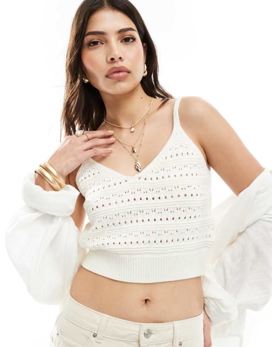 ASOS DESIGN stickad linne-top i punktstickning i kräm. - Image 1