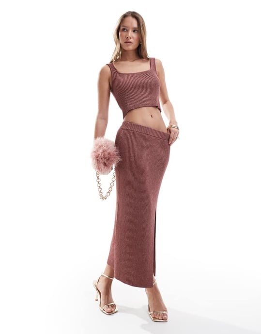 ASOS DESIGN stickad spaghetti-top med rund halsringning i metallisk garn i brun set - Image 2