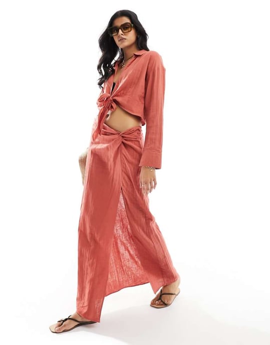ASOS DESIGN cheesecloth sidoknut maxi kjol co-ord i terrakotta - Image 1