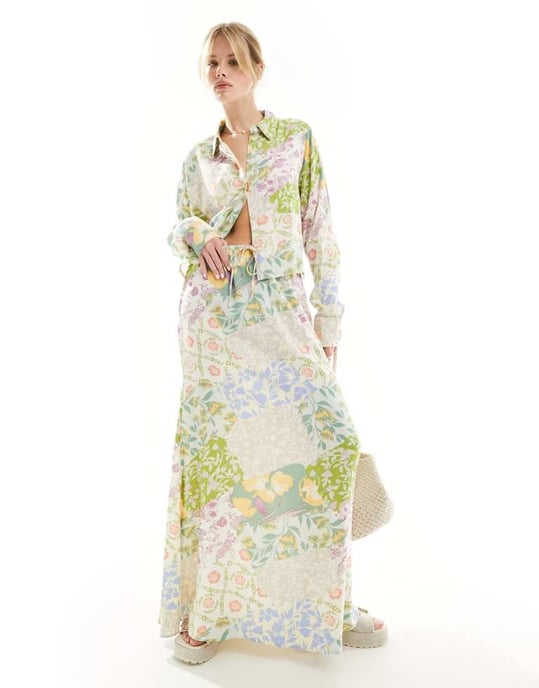 ASOS DESIGN maxi kjol med knytmidja i blandad blommönster - Image 1