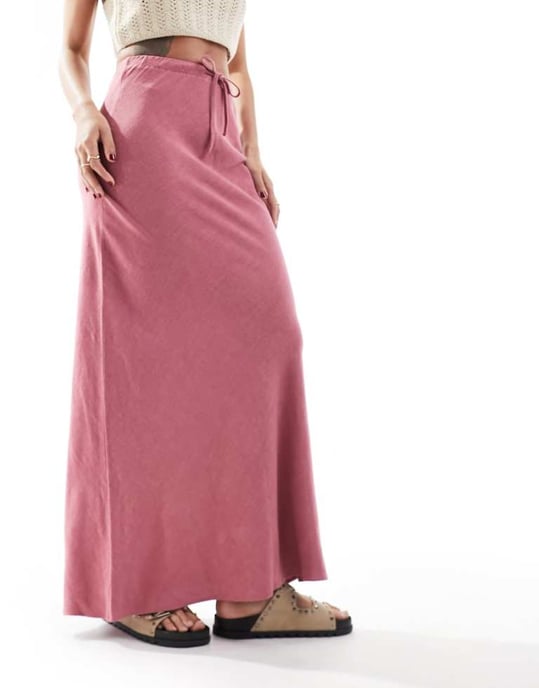 ASOS DESIGN linne-look midja knyt bias maxi kjol i rosa - Image 1