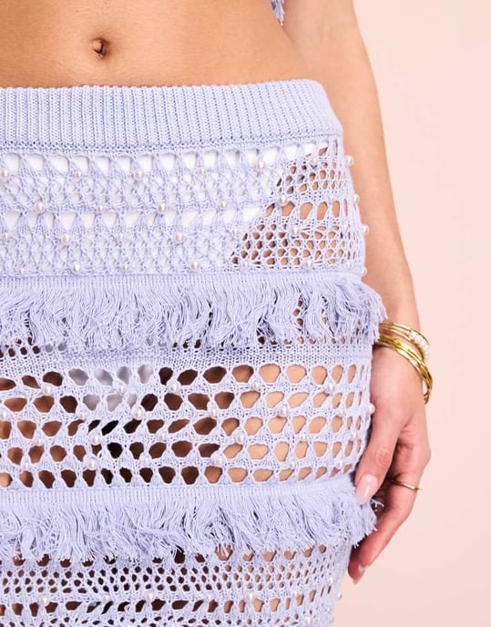 ASOS LUXE koord strand virkad maxikjol med pärlprydnad i blått - Image 4