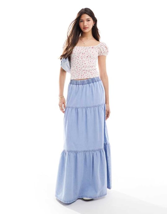 Miss Selfridge chambray flerlagig maxikjol i syra-blåtvätt - Image 1