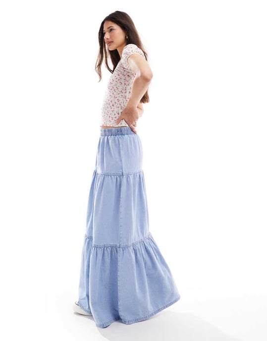Miss Selfridge chambray flerlagig maxikjol i syra-blåtvätt - Image 3