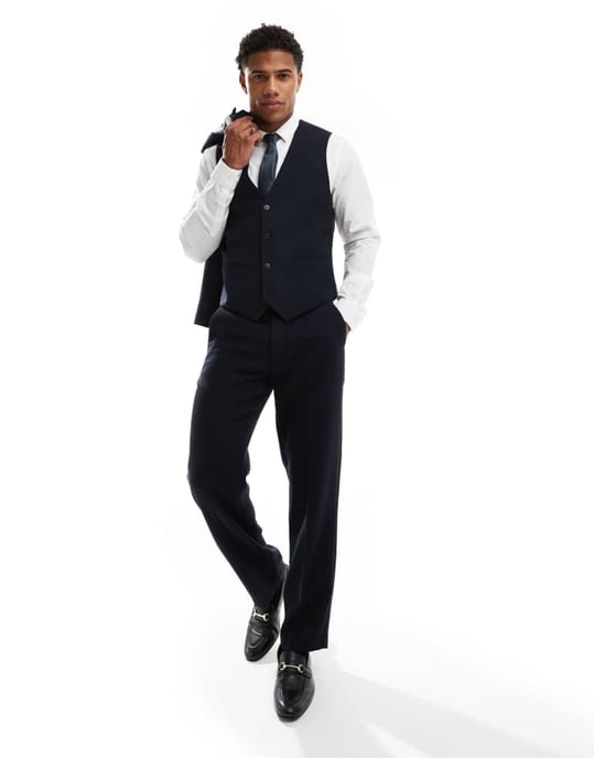 ASOS DESIGN slim ullblandning väst i marin twill - Image 3