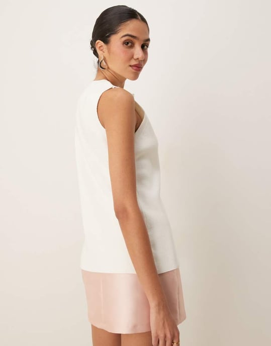 ASOS DESIGN stickad strukturerad rundhalsad väst med framklippt i vitt - Image 3